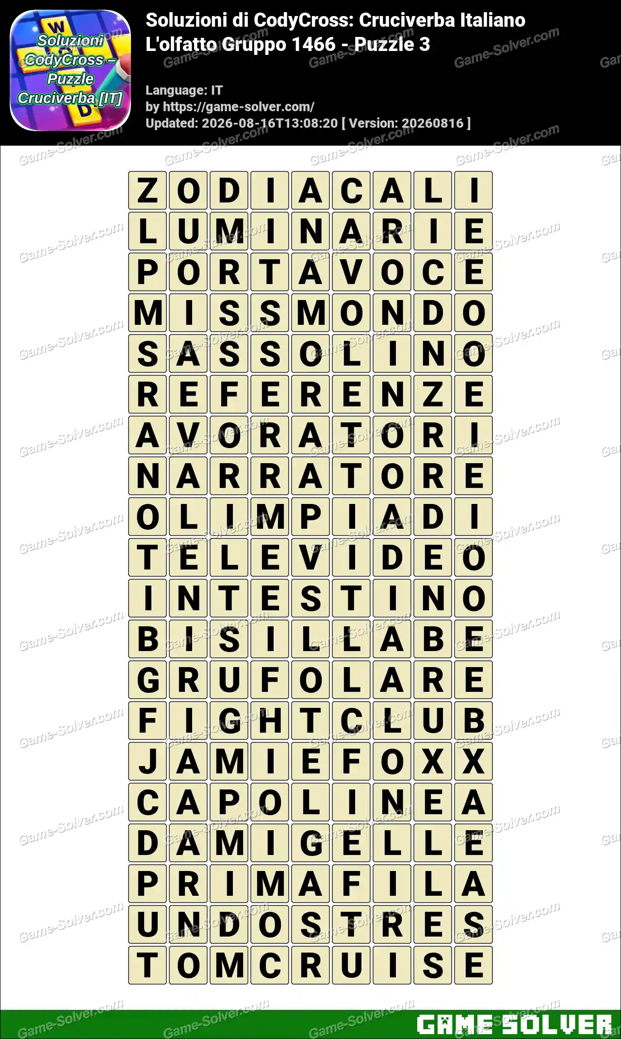 Soluzioni di CodyCross: Cruciverba Italiano L’olfatto Gruppo 1466 – Puzzle 3